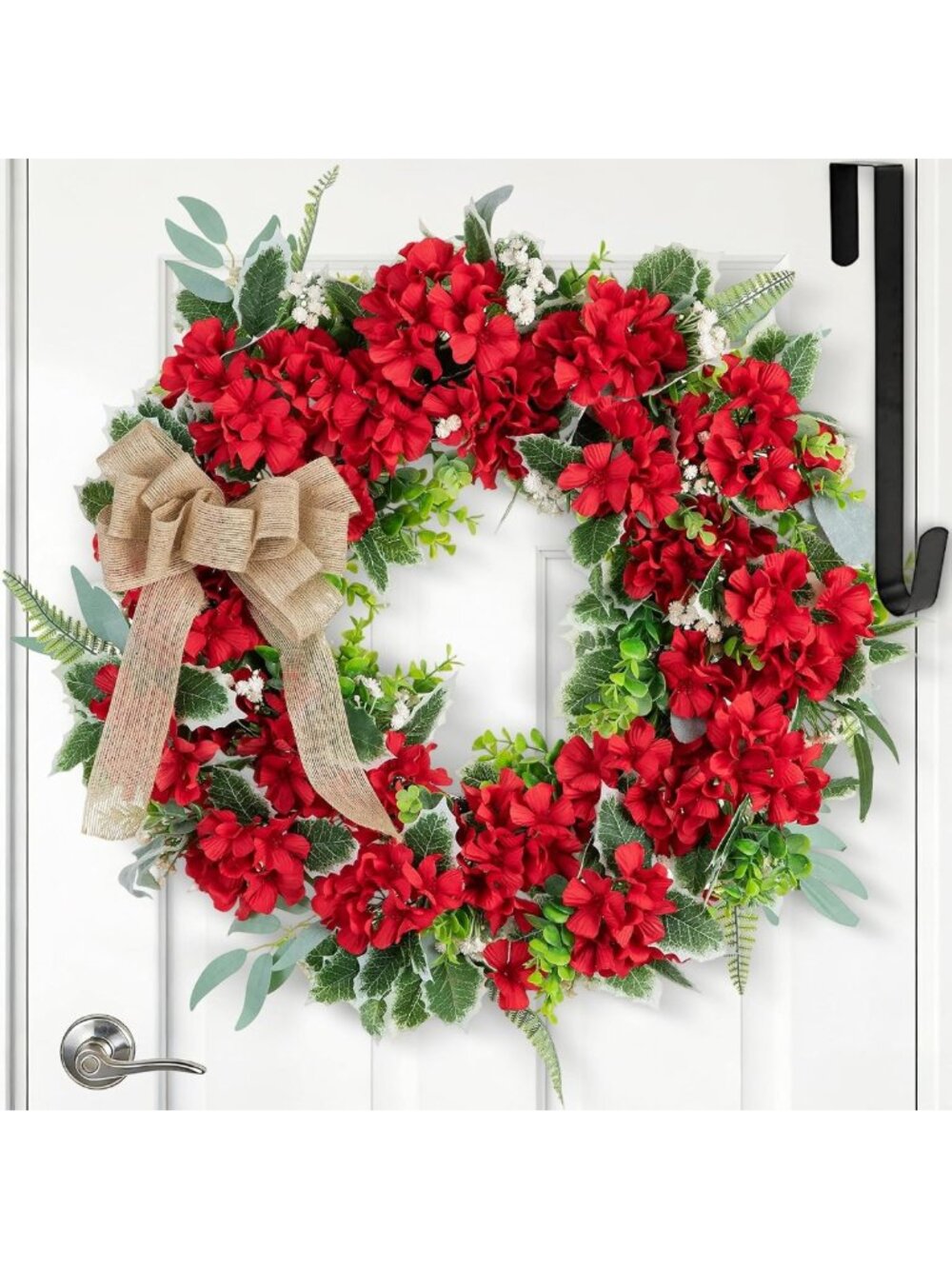 24-Inch Christmas Red Geranium Wreath for Front Door Decor - Festive Holiday